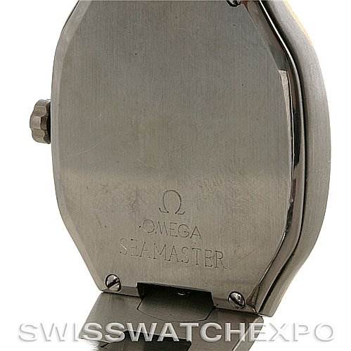 The image shows the back case of an Omega Seamaster Men's Steel and Gold (two tone) Black Dial Men's Steel and Gold (two tone) Black Dial watch, with the crown and case back engraving visible.