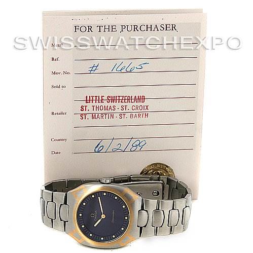 The image showcases an Omega Seamaster Men's Steel and Gold (two tone) Black Dial Men's Steel and Gold (two tone) Black Dial watch and its purchase paperwork, viewed from the front with the watch face and bracelet visible.