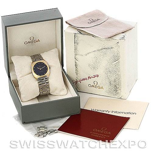 The image shows an Omega Seamaster Men's Steel and Gold (two tone) Black Dial Men's Steel and Gold (two tone) Black Dial watch in its box, alongside the outer box, warranty information, cleaning cloth, and extra links.