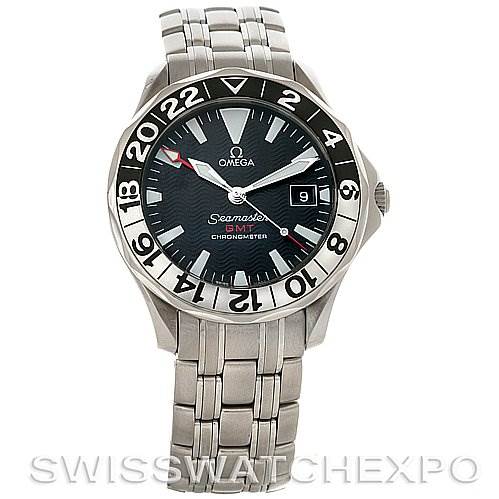 The image shows a front view of the Omega Seamaster 25345000 Men's Stainless Steel Black Dial 25345000 Men's Stainless Steel Black Dial watch, highlighting its face, bezel, hands, and bracelet.