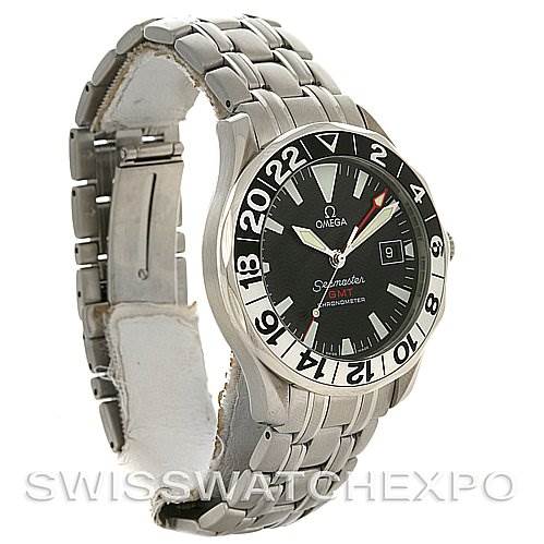 The image shows an angled view of an Omega Seamaster 25345000 Men's Stainless Steel Black Dial 25345000 Men's Stainless Steel Black Dial watch, highlighting the dial, bezel, and metal bracelet.