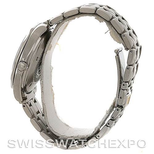 The image shows a side view of the Omega Seamaster 25345000 Men's Stainless Steel Black Dial 25345000 Men's Stainless Steel Black Dial watch, highlighting the case, bezel, crown, and metal bracelet.