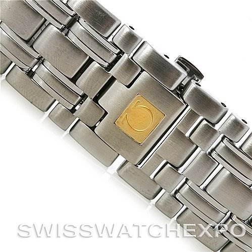 This image shows a close-up of the Omega Seamaster 25345000 Men's Stainless Steel Black Dial 25345000 Men's Stainless Steel Black Dial's stainless steel watch bracelet and clasp featuring the Omega logo.