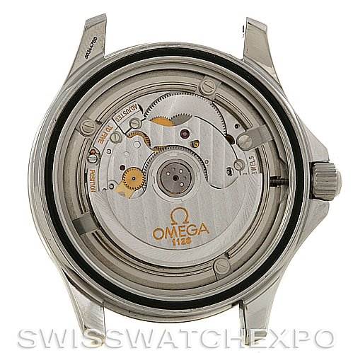 This image shows the backside of the Omega Seamaster 25345000 Men's Stainless Steel Black Dial 25345000 Men's Stainless Steel Black Dial watch, revealing its mechanical movement and internal components.