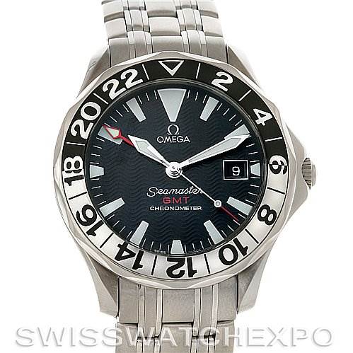 The Omega Seamaster 25345000 Men's Stainless Steel Black Dial 25345000 Men's Stainless Steel Black Dial GMT Chronometer watch is shown from a front angle, highlighting its face, bezel, and band.