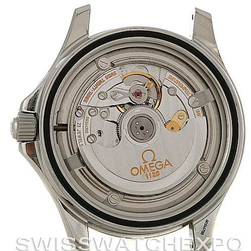 The image shows the backside of the Omega Seamaster 25345000 Men's Stainless Steel Black Dial 25345000 Men's Stainless Steel Black Dial watch, focusing on its open case back revealing the movement mechanism.