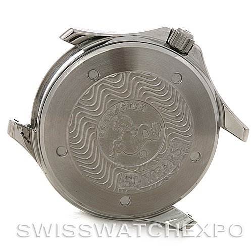 The image shows the back case and sides of an Omega Seamaster 25345000 Men's Stainless Steel Black Dial 25345000 Men's Stainless Steel Black Dial watch at a slight angle, showcasing its logo and detailing.