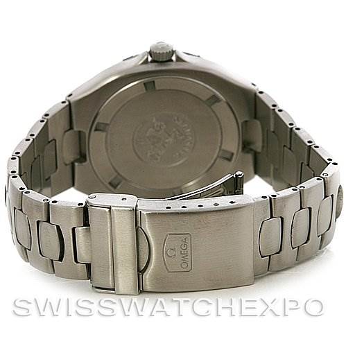 The image shows the back view of an Omega Seamaster 2810.50.00 Men
s Stainless Steel  2810.50.00 Men
s Stainless Steel  watch, displaying its stainless steel case, bracelet, and clasp.