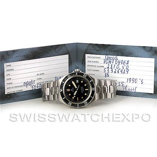 The image shows an Omega Seamaster 2810.50.00 Men
s Stainless Steel  2810.50.00 Men
s Stainless Steel  watch positioned flat with an open certification booklet behind it.