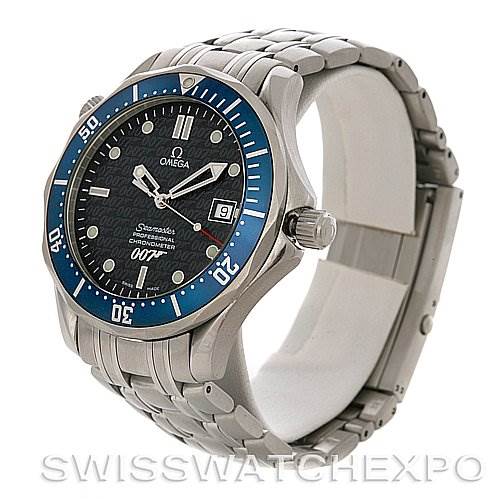 This image shows a side-angle view of an Omega Seamaster 0759/10007 Stainless Steel Blue Dial 0759/10007 Stainless Steel Blue Dial watch, highlighting the watch face, bezel, crown, and metal bracelet.