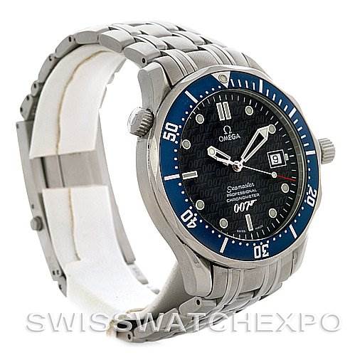 The image shows an angled side view of an Omega Seamaster 0759/10007 Stainless Steel Blue Dial 0759/10007 Stainless Steel Blue Dial watch, highlighting its bracelet, bezel, dial, crown, and date window.