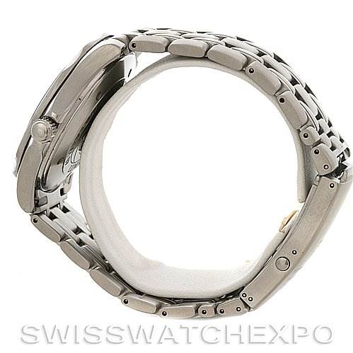 The image shows a side view of the Omega Seamaster 0759/10007 Stainless Steel Blue Dial 0759/10007 Stainless Steel Blue Dial watch, highlighting the case, crown, and metal bracelet.