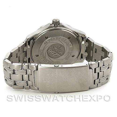 The image shows the back view of an Omega Seamaster 0759/10007 Stainless Steel Blue Dial 0759/10007 Stainless Steel Blue Dial watch, highlighting the case back, crown, and metal bracelet with clasp.