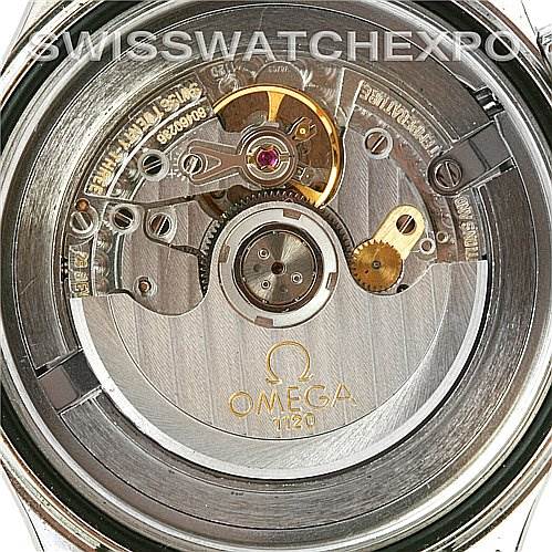 This is a close-up view of the movement and mechanisms inside the Omega Seamaster 0759/10007 Stainless Steel Blue Dial 0759/10007 Stainless Steel Blue Dial watch's case back.