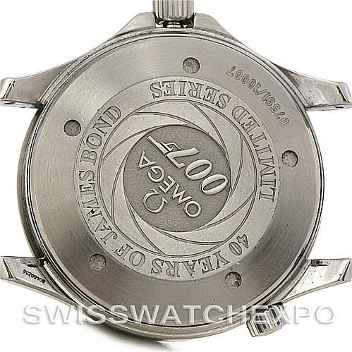 This is the back of an Omega Seamaster 0759/10007 Stainless Steel Blue Dial 0759/10007 Stainless Steel Blue Dial watch, displaying the "40 Years of James Bond" limited series engraving with the 007 logo.