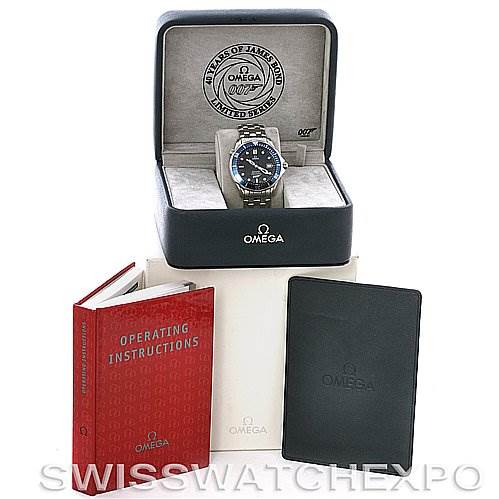 The image shows an Omega Seamaster 0759/10007 Stainless Steel Blue Dial 0759/10007 Stainless Steel Blue Dial watch in its open box, along with the operating instructions and additional booklet.