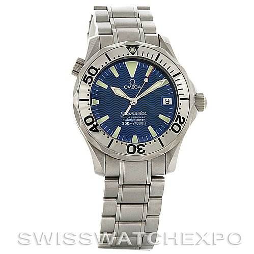 The image shows a frontal view of the Omega Seamaster 22538000 Stainless Steel Blue Dial 22538000 Stainless Steel Blue Dial watch, highlighting its blue dial, silver bezel, and metal bracelet.