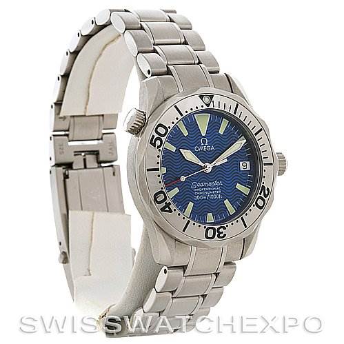 The image shows a side angle of the Omega Seamaster 22538000 Stainless Steel Blue Dial 22538000 Stainless Steel Blue Dial watch, displaying the face, bezel, crown, and part of the metal bracelet.