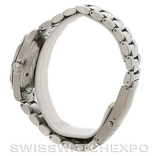 The image shows a side view of the Omega Seamaster 22538000 Stainless Steel Blue Dial 22538000 Stainless Steel Blue Dial watch, highlighting the bracelet and clasp.