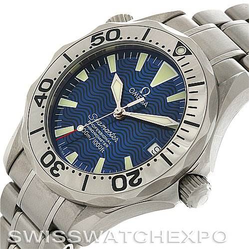 This Omega Seamaster 22538000 Stainless Steel Blue Dial 22538000 Stainless Steel Blue Dial watch is shown from a tilted angle, highlighting the face, bezel, crown, and partial bracelet.