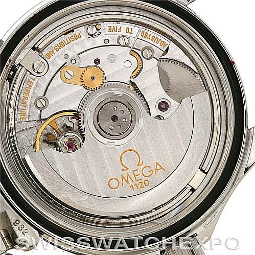 The image shows the movement and internal mechanisms of an Omega Seamaster 22538000 Stainless Steel Blue Dial 22538000 Stainless Steel Blue Dial watch, viewed from the back.