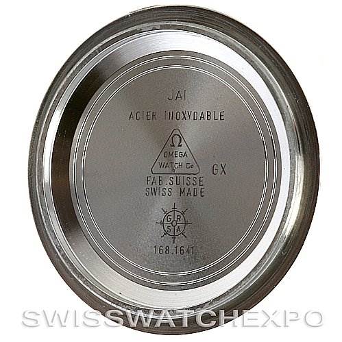 This is the interior view of the case back for an Omega Seamaster 22538000 Stainless Steel Blue Dial 22538000 Stainless Steel Blue Dial watch, showing its engravings and markings.