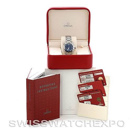 The image shows an Omega Seamaster 22538000 Stainless Steel Blue Dial 22538000 Stainless Steel Blue Dial watch in its box, accompanied by the operating instructions and warranty cards.