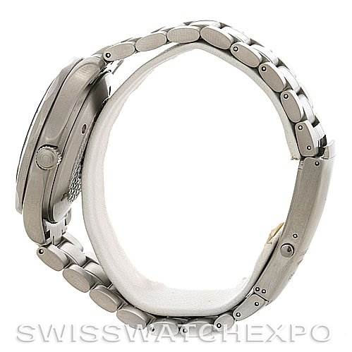 The image shows a side profile of an Omega Seamaster 25382000 OR 2538.20.00 Men
s Stainless Steel White Dial 25382000 OR 2538.20.00 Men
s Stainless Steel White Dial watch, highlighting the clasp, bracelet, case, and crown.