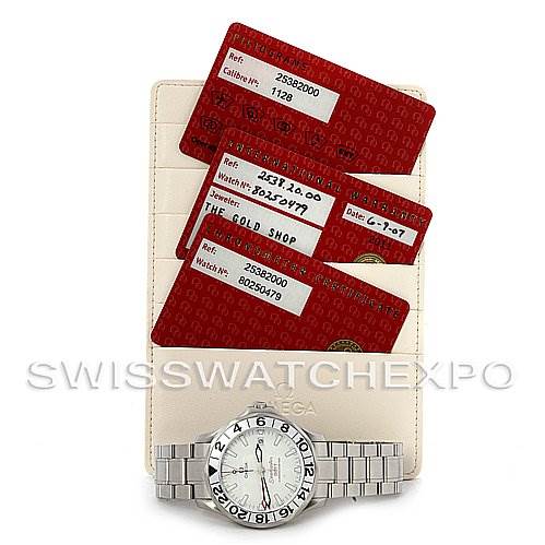 This image shows an Omega Seamaster 25382000 OR 2538.20.00 Men
s Stainless Steel White Dial 25382000 OR 2538.20.00 Men
s Stainless Steel White Dial watch along with its warranty and Best Quality
ation cards, displayed on a holder.