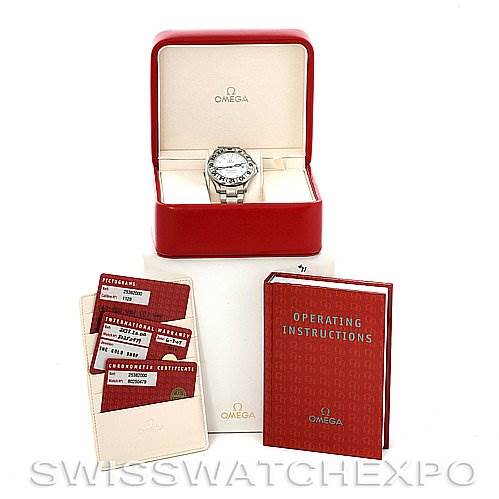 This image shows an Omega Seamaster 25382000 OR 2538.20.00 Men
s Stainless Steel White Dial 25382000 OR 2538.20.00 Men
s Stainless Steel White Dial watch from a front angle, along with its box, operating instructions, and warranty cards.