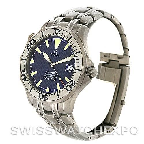 The image shows an oblique angle of the Omega Seamaster 2232.80.00 Men's Titanium Blue Dial 2232.80.00 Men's Titanium Blue Dial watch, highlighting its face, bezel, bracelet, and clasp.