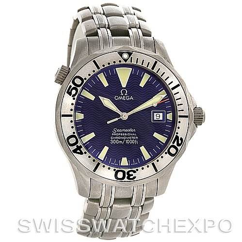 The image shows a front view of an Omega Seamaster 2232.80.00 Men's Titanium Blue Dial 2232.80.00 Men's Titanium Blue Dial watch, displaying the dial, bezel, and a part of the metal bracelet.