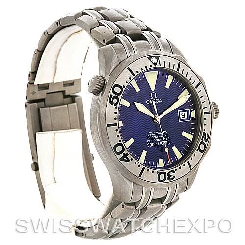 This image shows the Omega Seamaster 2232.80.00 Men's Titanium Blue Dial 2232.80.00 Men's Titanium Blue Dial watch at a three-quarter angle, highlighting the face, bezel, crown, bracelet, and clasp.