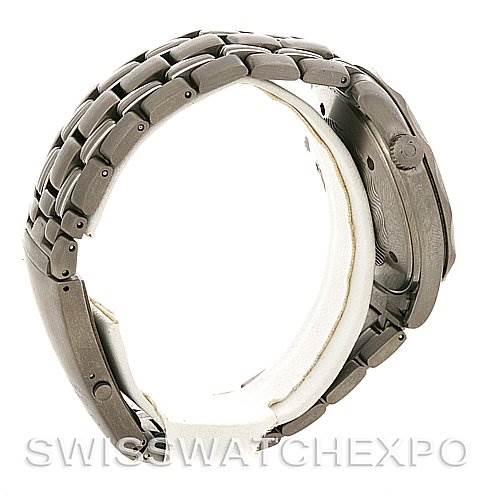 This image shows a side view of the Omega Seamaster 2232.80.00 Men's Titanium Blue Dial 2232.80.00 Men's Titanium Blue Dial watch, highlighting its stainless steel bracelet and side profile of the case and crown.