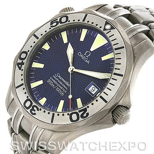 The image shows the front and side of the Omega Seamaster 2232.80.00 Men's Titanium Blue Dial 2232.80.00 Men's Titanium Blue Dial watch, focusing on the watch face and partially on the bracelet.