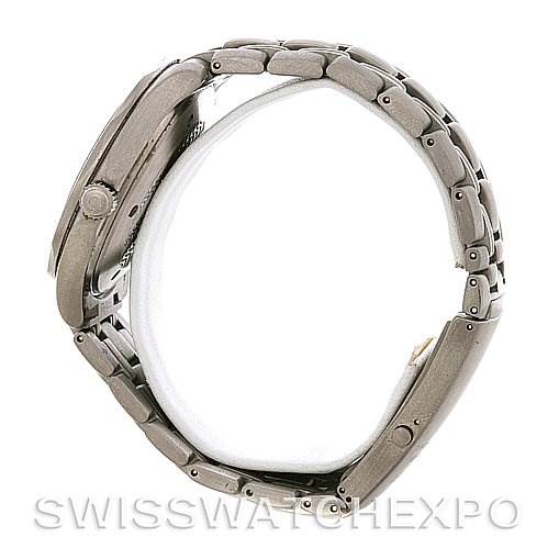 The image shows a side view of an Omega Seamaster 2232.80.00 Men's Titanium Blue Dial 2232.80.00 Men's Titanium Blue Dial watch, highlighting its metal bracelet and crown.