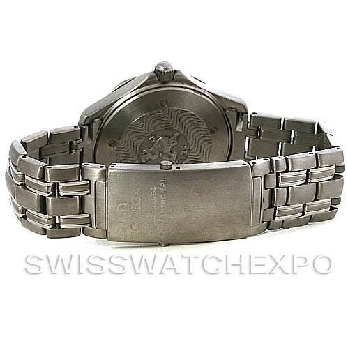 The image shows the back view of an Omega Seamaster 2232.80.00 Men's Titanium Blue Dial 2232.80.00 Men's Titanium Blue Dial watch, featuring the case back and stainless steel bracelet with a closed clasp.