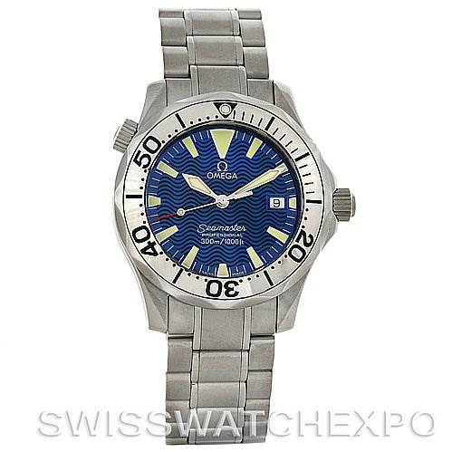 The Omega Seamaster 2263.80.00 Men's Stainless Steel Blue Dial 2263.80.00 Men's Stainless Steel Blue Dial watch is shown from a front angle, displaying its dial, bezel, crown, and bracelet.