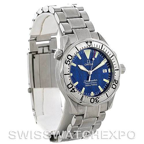 The image shows a side angle of the Omega Seamaster 2263.80.00 Men's Stainless Steel Blue Dial 2263.80.00 Men's Stainless Steel Blue Dial watch, highlighting the bezel, dial, bracelet, and clasp.