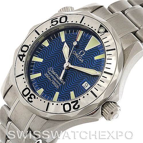 This image shows the front and upper right side of an Omega Seamaster 2263.80.00 Men's Stainless Steel Blue Dial 2263.80.00 Men's Stainless Steel Blue Dial watch, featuring its blue dial, bezel, and stainless steel bracelet.