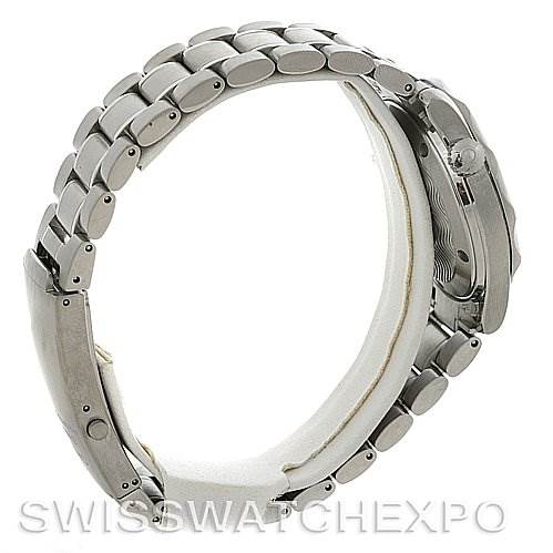 This image shows the side profile of the Omega Seamaster 2263.80.00 Men's Stainless Steel Blue Dial 2263.80.00 Men's Stainless Steel Blue Dial watch, focusing on the stainless steel bracelet and crown.