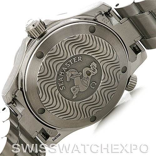 This image shows the back case and part of the bracelet of an Omega Seamaster 2263.80.00 Men's Stainless Steel Blue Dial 2263.80.00 Men's Stainless Steel Blue Dial watch.