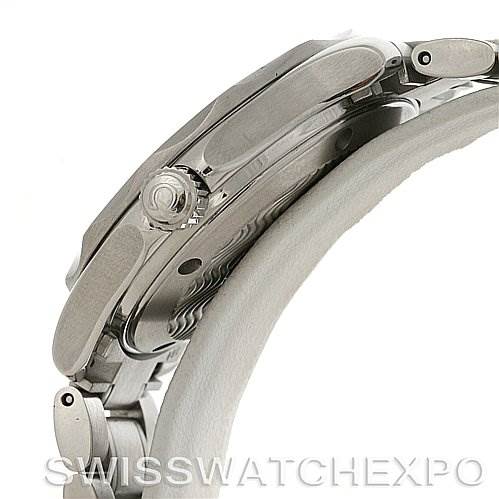 This image shows a side view of the Omega Seamaster 2263.80.00 Men's Stainless Steel Blue Dial 2263.80.00 Men's Stainless Steel Blue Dial watch, highlighting its crown, case, and part of the bracelet.