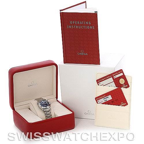 The image shows an Omega Seamaster 2263.80.00 Men's Stainless Steel Blue Dial 2263.80.00 Men's Stainless Steel Blue Dial watch in a red case, operating instructions, and warranty cards.