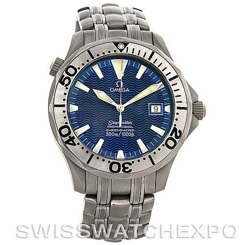 The image shows a front view of the Omega Seamaster 2231.80.00 Men
s Stainless Steel Blue Dial 2231.80.00 Men
s Stainless Steel Blue Dial watch, highlighting its blue dial, bezel, bracelet, and date window.