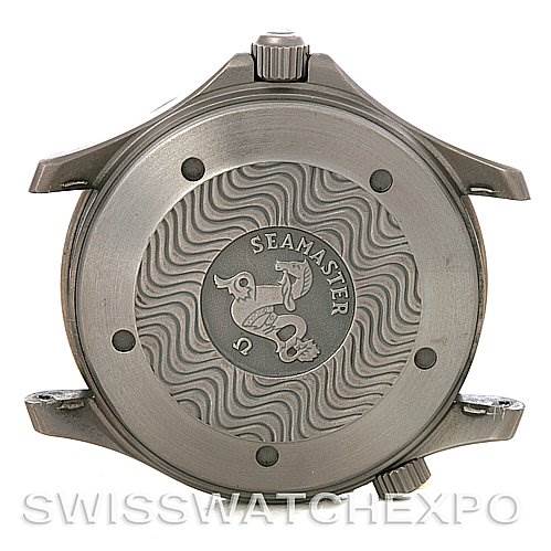 The image shows the case back of an Omega Seamaster 2231.80.00 Men
s Stainless Steel Blue Dial 2231.80.00 Men
s Stainless Steel Blue Dial watch, highlighting the logo and intricate engraving.