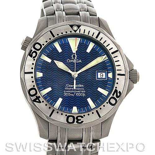 The image shows a front view of the Omega Seamaster 2231.80.00 Men
s Stainless Steel Blue Dial 2231.80.00 Men
s Stainless Steel Blue Dial watch, highlighting the dial, hands, bezel, and bracelet.