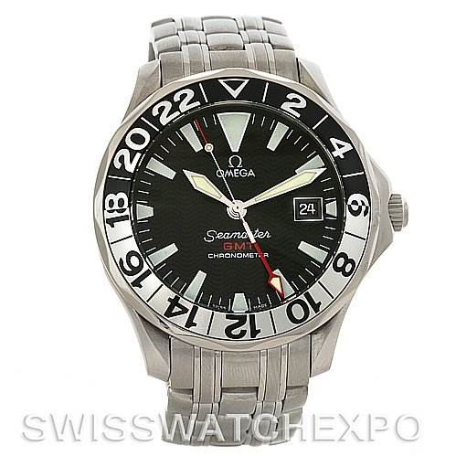 The image shows a front view of the Omega Seamaster 2534.50 Men
s Stainless Steel Black Dial 2534.50 Men
s Stainless Steel Black Dial watch, highlighting the dial, bezel, hands, date window, and part of the bracelet.