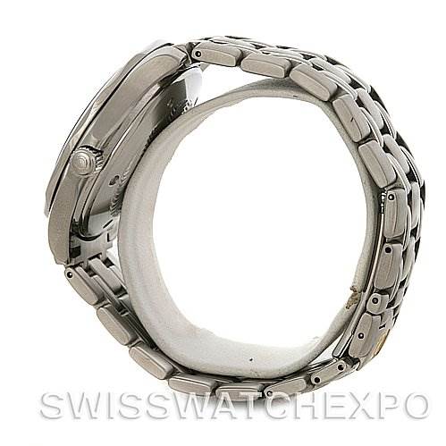 The image shows a side view of an Omega Seamaster 2534.50 Men
s Stainless Steel Black Dial 2534.50 Men
s Stainless Steel Black Dial watch, highlighting the crown and metal bracelet.