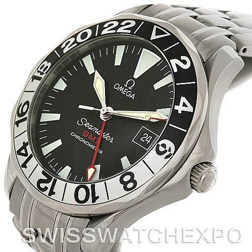 This photo shows the Omega Seamaster 2534.50 Men
s Stainless Steel Black Dial 2534.50 Men
s Stainless Steel Black Dial GMT chronometer from an angled front view, highlighting the watch face, bezel, and part of the bracelet.